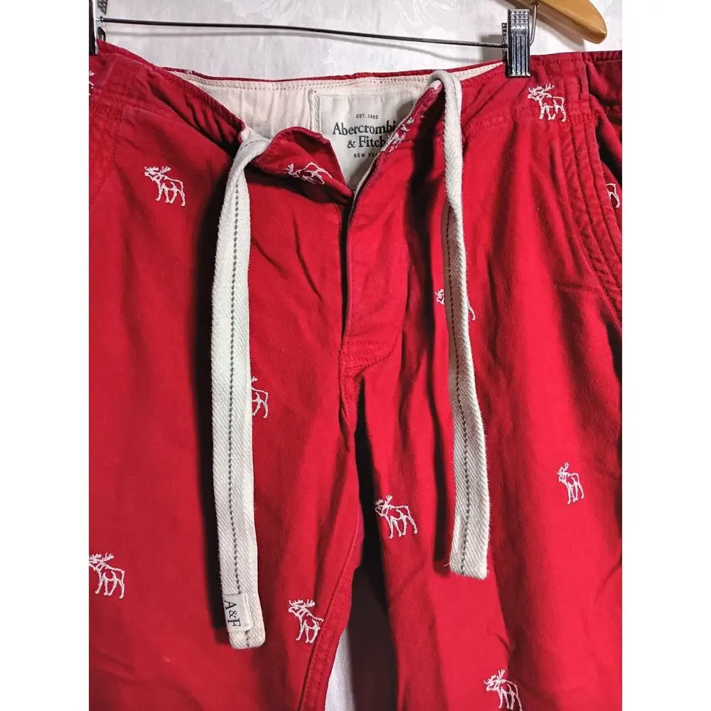 Abercrombie Fitch Vintage Pants Small Red AOP Embroidered Moose Wide Leg Lounge - Picture 2 of 16